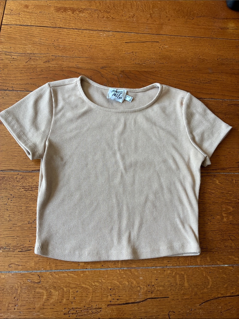 Princess Polly Beige Ribbed Short Sleeve Crop Tee
